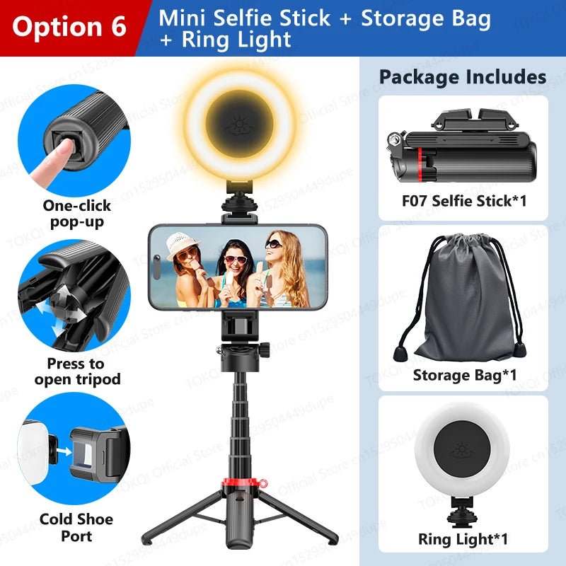 TOKQI Tripod Extendable Selfie Stick Phone Holder Mini Quadpod for Mobile Phone Vlog Video Recording with Zoom, Optional Light - Fix & GoTOKQI Tripod Extendable Selfie Stick Phone Holder Mini Quadpod for Mobile Phone Vlog Video Recording with Zoom, Optional LightVidéo & PhotoFix & Go