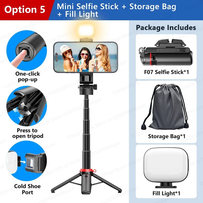 TOKQI Tripod Extendable Selfie Stick Phone Holder Mini Quadpod for Mobile Phone Vlog Video Recording with Zoom, Optional Light - Fix & GoTOKQI Tripod Extendable Selfie Stick Phone Holder Mini Quadpod for Mobile Phone Vlog Video Recording with Zoom, Optional LightVidéo & PhotoFix & Go