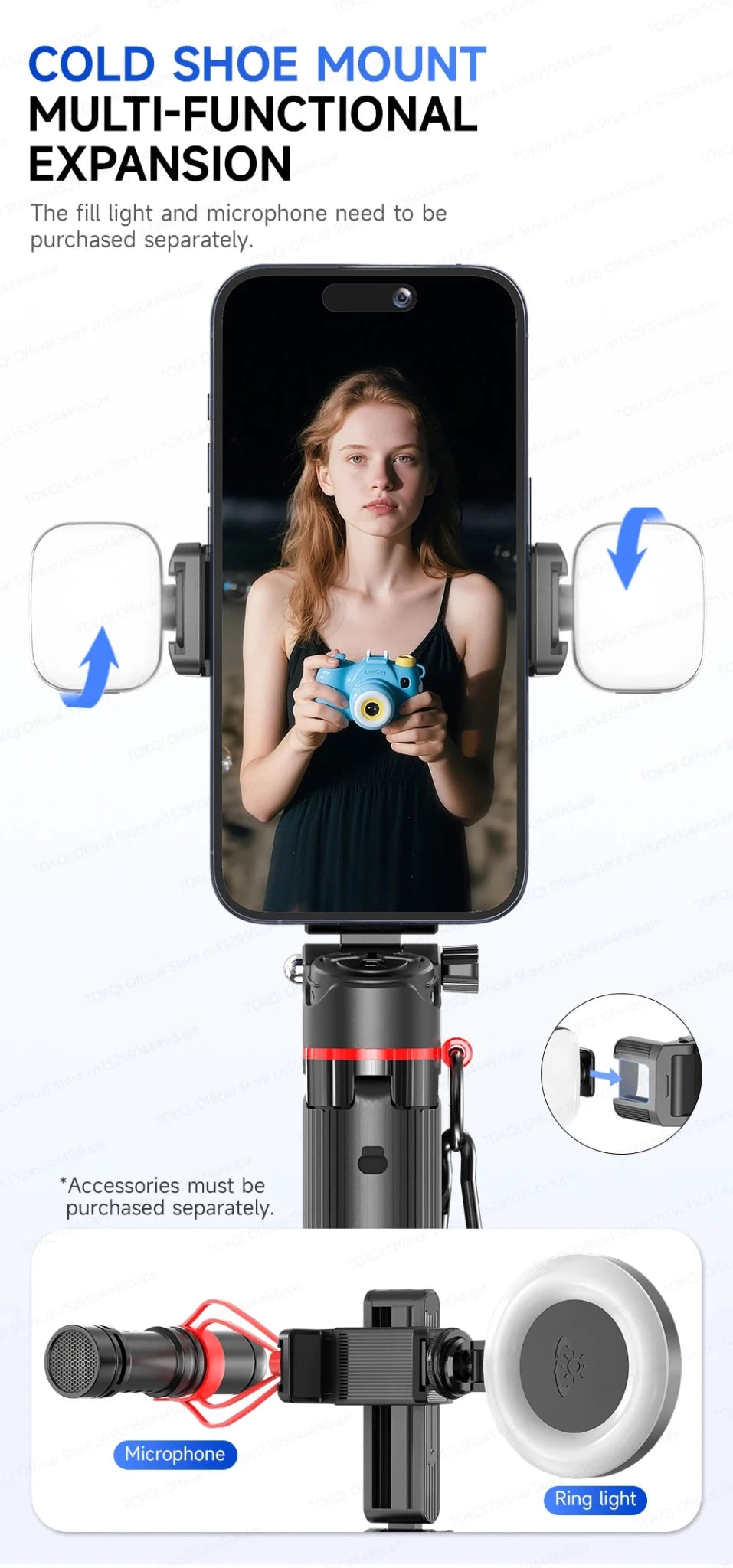 TOKQI Tripod Extendable Selfie Stick Phone Holder Mini Quadpod for Mobile Phone Vlog Video Recording with Zoom, Optional Light - Fix & GoTOKQI Tripod Extendable Selfie Stick Phone Holder Mini Quadpod for Mobile Phone Vlog Video Recording with Zoom, Optional LightVidéo & PhotoFix & Go