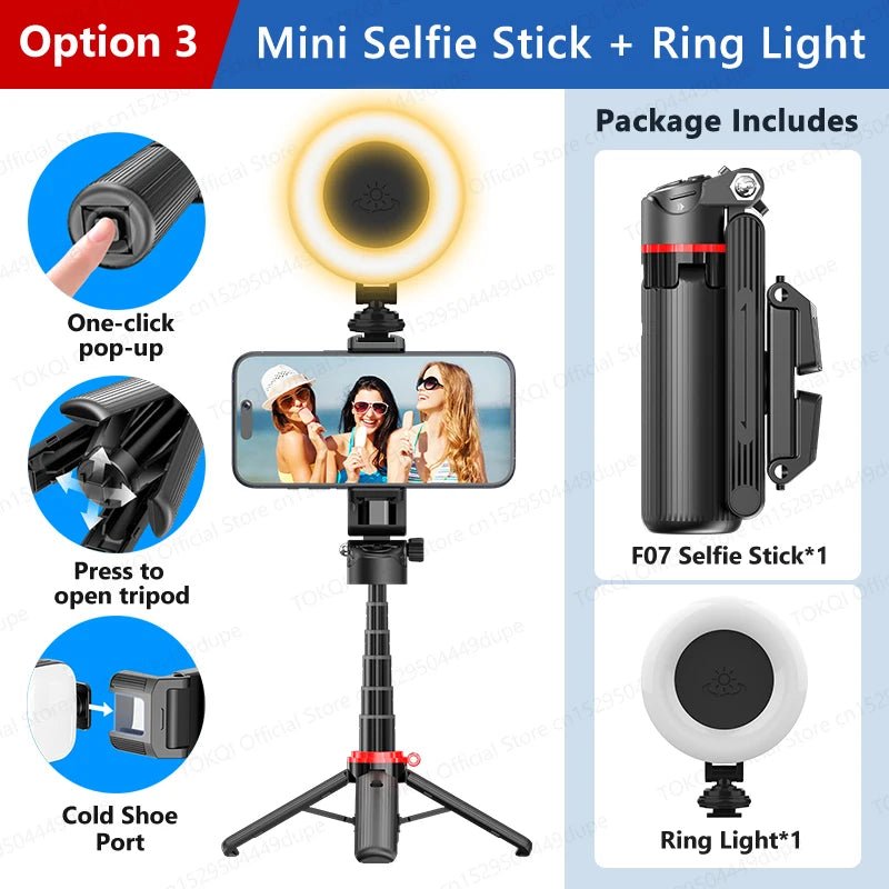 TOKQI Tripod Extendable Selfie Stick Phone Holder Mini Quadpod for Mobile Phone Vlog Video Recording with Zoom, Optional Light - Fix & GoTOKQI Tripod Extendable Selfie Stick Phone Holder Mini Quadpod for Mobile Phone Vlog Video Recording with Zoom, Optional LightVidéo & PhotoFix & Go