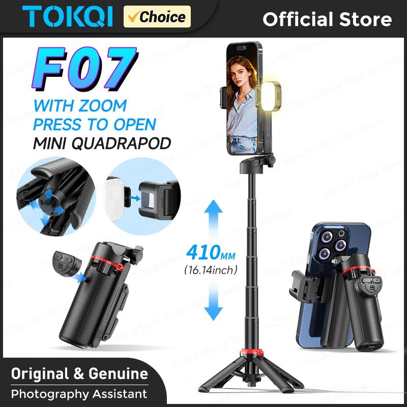 TOKQI Tripod Extendable Selfie Stick Phone Holder Mini Quadpod for Mobile Phone Vlog Video Recording with Zoom, Optional Light - Fix & GoTOKQI Tripod Extendable Selfie Stick Phone Holder Mini Quadpod for Mobile Phone Vlog Video Recording with Zoom, Optional LightVidéo & PhotoFix & Go