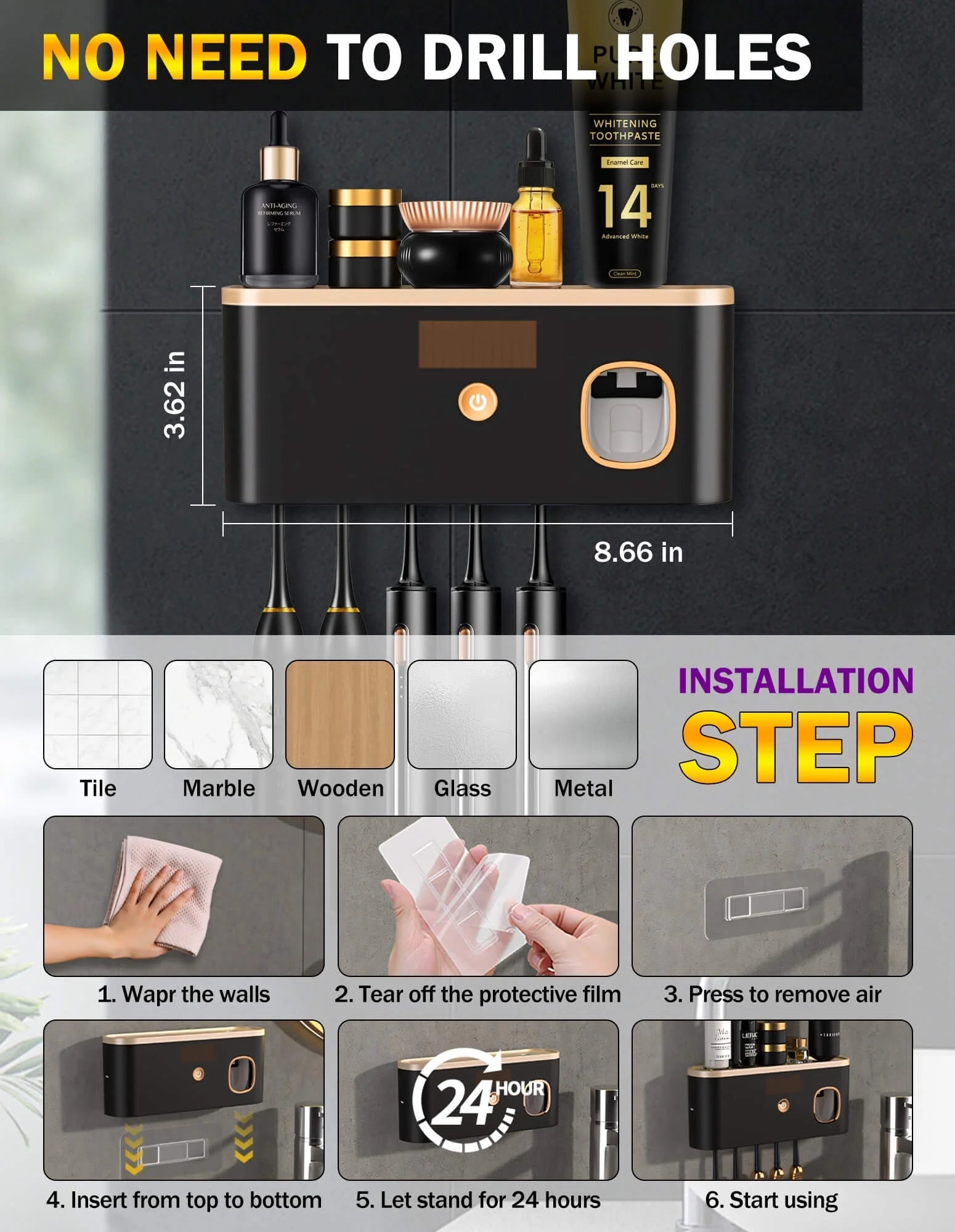 Toothbrush Holders for Bathrooms, UV Toothbrush Sanitizer Wall Mounted with Toothpaste Dispenser, Large Capacity Tray, Tooth Brushing Holder & Bathroom Accessories - Fix & GoToothbrush Holders for Bathrooms, UV Toothbrush Sanitizer Wall Mounted with Toothpaste Dispenser, Large Capacity Tray, Tooth Brushing Holder & Bathroom AccessoriesFix & Go