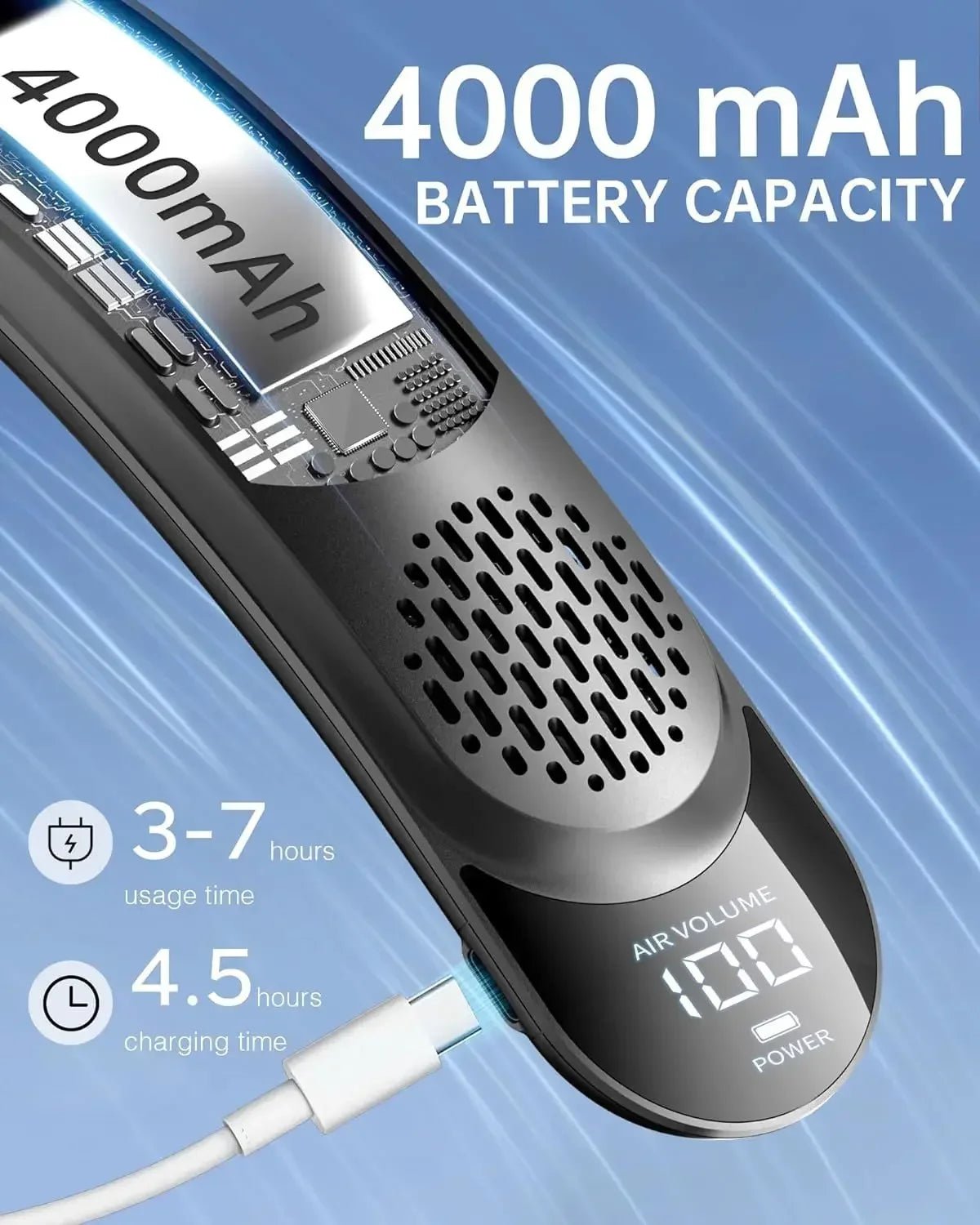 Ventilateur de cou portable sans pales 4000 mAh, conception turbine sans aubes, 3 vitesses, vent super puissant, refroidissement rapide, affichage numérique pour l'extérieur - FATAONVentilateur de cou portable sans pales 4000 mAh, conception turbine sans aubes, 3 vitesses, vent super puissant, refroidissement rapide, affichage numérique pour l'extérieurTechnologie IntelligenteFATAON