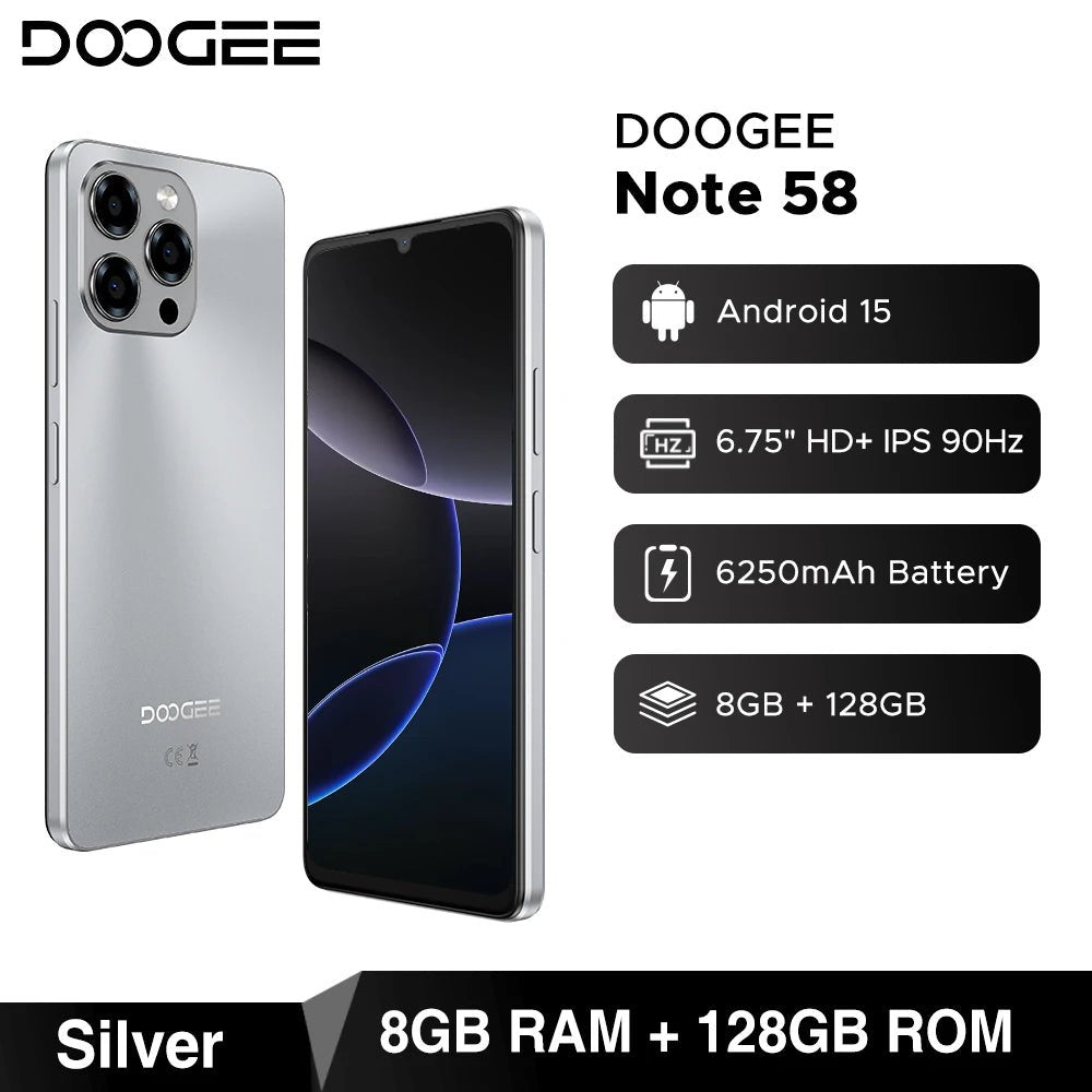 Version mondiale DOOGEE Note 58 Android 15 Smartphone 8GB RAM + 128GB ROM 6.75 "HD + 90Hz écran IPS 6250mAh grande batterie NFC - FATAONVersion mondiale DOOGEE Note 58 Android 15 Smartphone 8GB RAM + 128GB ROM 6.75 "HD + 90Hz écran IPS 6250mAh grande batterie NFCProductivité & OrganisationFATAON