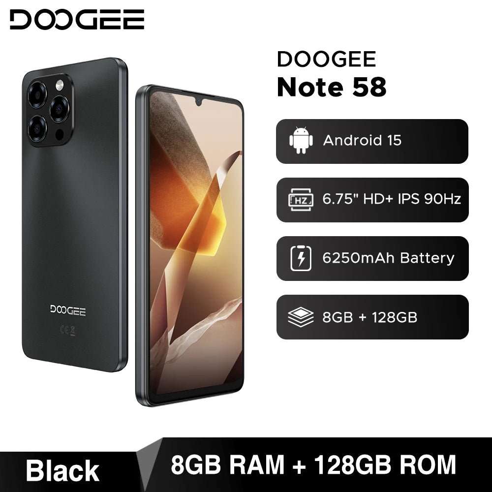Version mondiale DOOGEE Note 58 Android 15 Smartphone 8GB RAM + 128GB ROM 6.75 "HD + 90Hz écran IPS 6250mAh grande batterie NFC - FATAONVersion mondiale DOOGEE Note 58 Android 15 Smartphone 8GB RAM + 128GB ROM 6.75 "HD + 90Hz écran IPS 6250mAh grande batterie NFCProductivité & OrganisationFATAON