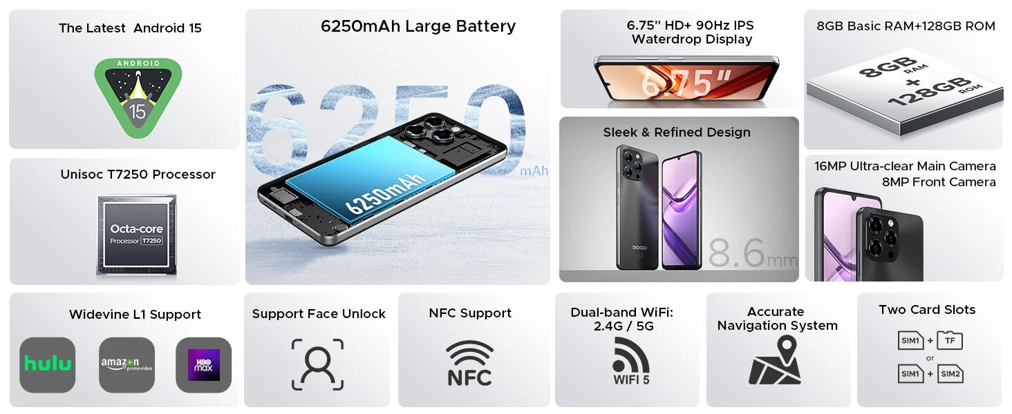 Version mondiale DOOGEE Note 58 Android 15 Smartphone 8GB RAM + 128GB ROM 6.75 "HD + 90Hz écran IPS 6250mAh grande batterie NFC - FATAONVersion mondiale DOOGEE Note 58 Android 15 Smartphone 8GB RAM + 128GB ROM 6.75 "HD + 90Hz écran IPS 6250mAh grande batterie NFCProductivité & OrganisationFATAON