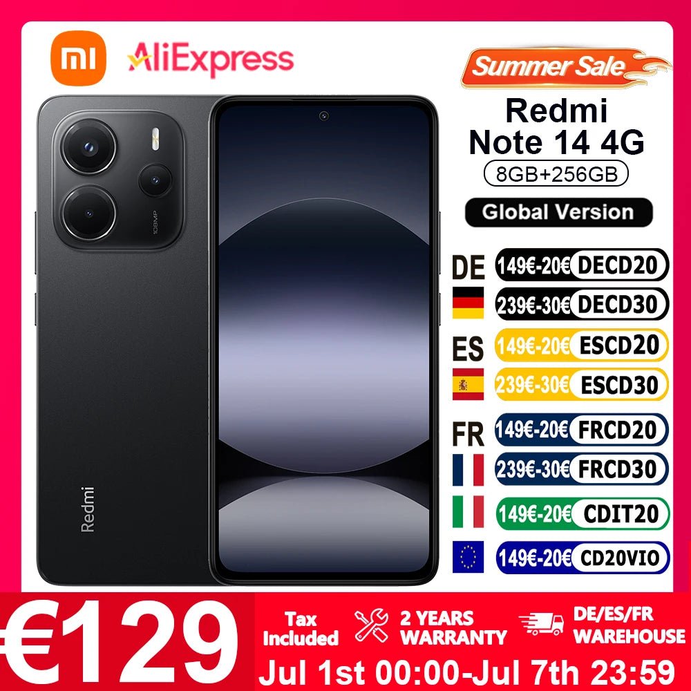 Version mondiale Xiaomi Redmi Note 14 4G NFC Smartphone MediaTek Helio G99-Ultra 108MP AI caméra 6.67 "120Hz affichage 5500mAh - FATAONVersion mondiale Xiaomi Redmi Note 14 4G NFC Smartphone MediaTek Helio G99-Ultra 108MP AI caméra 6.67 "120Hz affichage 5500mAhProductivité & OrganisationFATAON