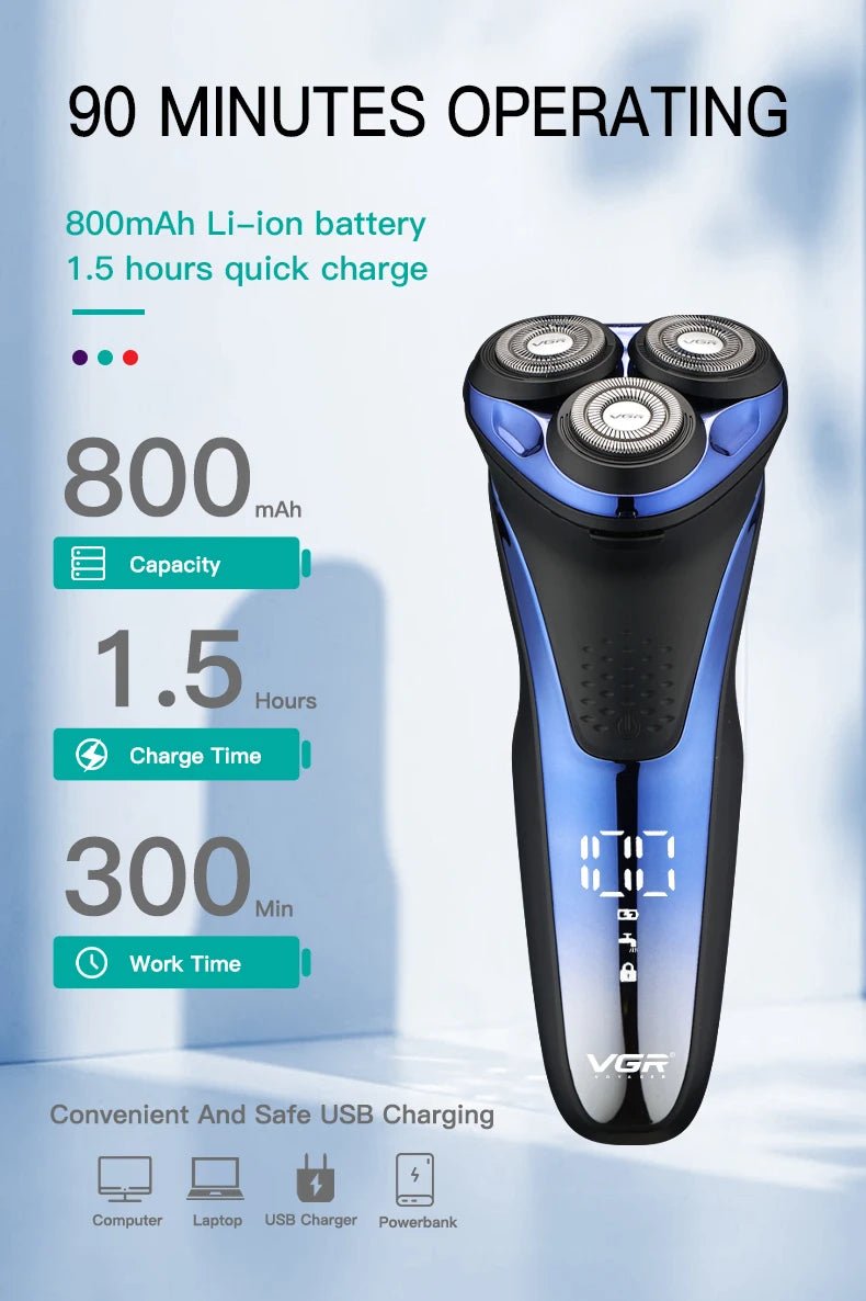 VGR Rasoir électrique Professionnelle Rasoir électrique Imperméable Tondeuse à barbe Rasage flottant rotatif 3D Rechargeable par USB Rasoir électrique pour hommes V-306 - FATAONVGR Rasoir électrique Professionnelle Rasoir électrique Imperméable Tondeuse à barbe Rasage flottant rotatif 3D Rechargeable par USB Rasoir électrique pour hommes V-306FATAON