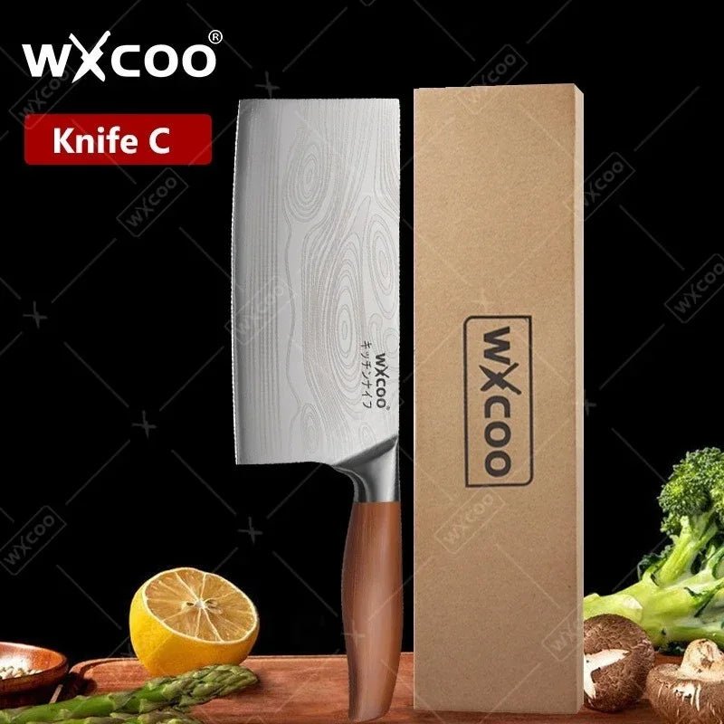 WXCOO couteau de Chef en acier inoxydable, couteau de cuisine domestique Laser motif damas ciseaux à trancher couperet porte-couteau à fruits - FATAONWXCOO couteau de Chef en acier inoxydable, couteau de cuisine domestique Laser motif damas ciseaux à trancher couperet porte-couteau à fruitsSolutions MaisonFATAON