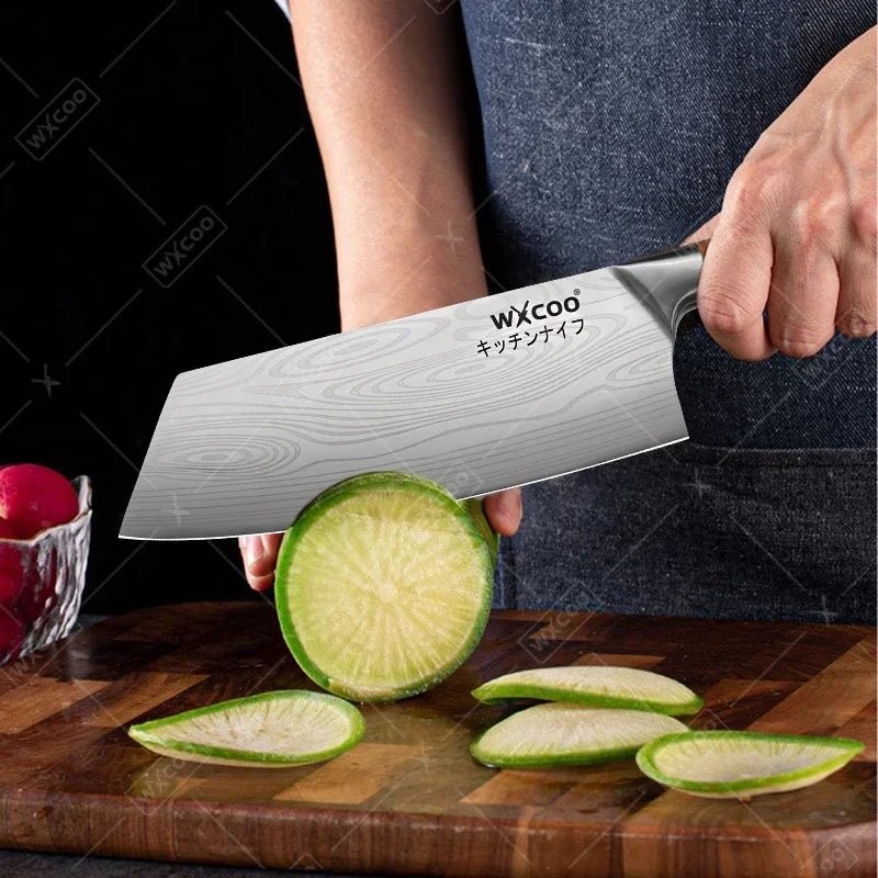WXCOO couteau de Chef en acier inoxydable, couteau de cuisine domestique Laser motif damas ciseaux à trancher couperet porte-couteau à fruits - FATAONWXCOO couteau de Chef en acier inoxydable, couteau de cuisine domestique Laser motif damas ciseaux à trancher couperet porte-couteau à fruitsSolutions MaisonFATAON