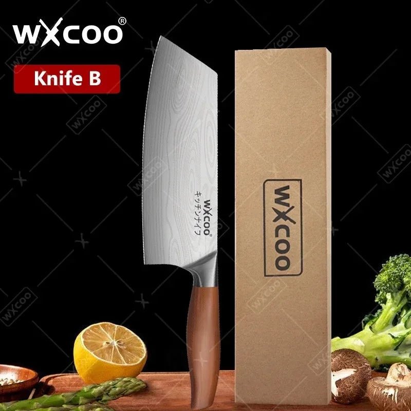 WXCOO couteau de Chef en acier inoxydable, couteau de cuisine domestique Laser motif damas ciseaux à trancher couperet porte-couteau à fruits - FATAONWXCOO couteau de Chef en acier inoxydable, couteau de cuisine domestique Laser motif damas ciseaux à trancher couperet porte-couteau à fruitsSolutions MaisonFATAON