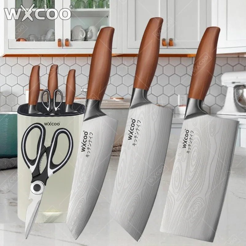 WXCOO couteau de Chef en acier inoxydable, couteau de cuisine domestique Laser motif damas ciseaux à trancher couperet porte-couteau à fruits - FATAONWXCOO couteau de Chef en acier inoxydable, couteau de cuisine domestique Laser motif damas ciseaux à trancher couperet porte-couteau à fruitsSolutions MaisonFATAON