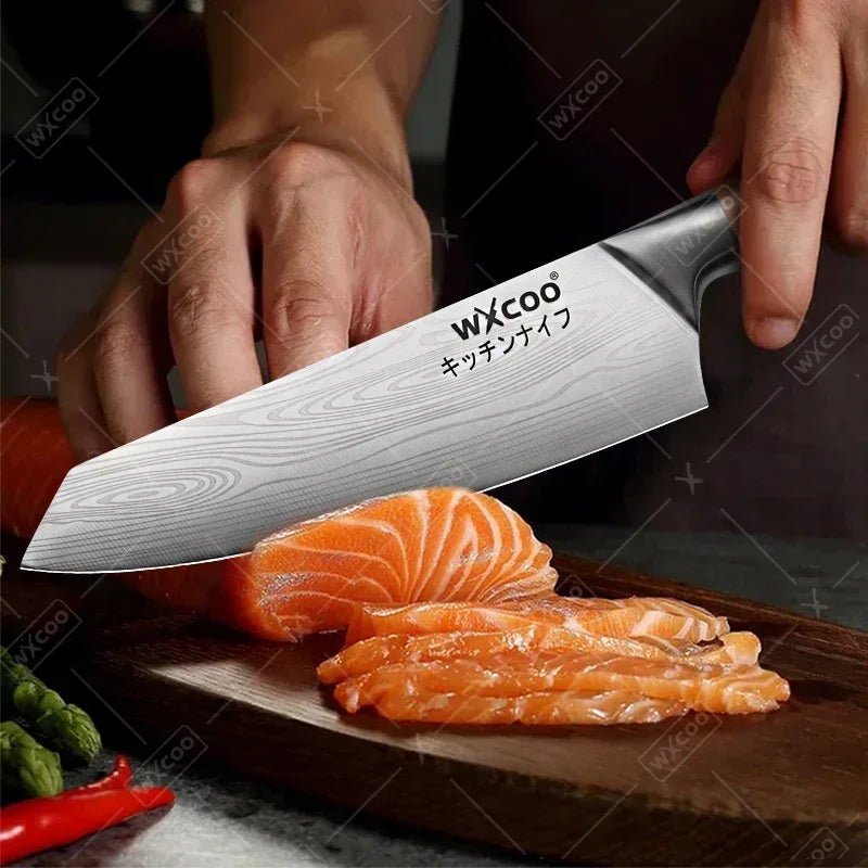 WXCOO couteau de Chef en acier inoxydable, couteau de cuisine domestique Laser motif damas ciseaux à trancher couperet porte-couteau à fruits - FATAONWXCOO couteau de Chef en acier inoxydable, couteau de cuisine domestique Laser motif damas ciseaux à trancher couperet porte-couteau à fruitsSolutions MaisonFATAON
