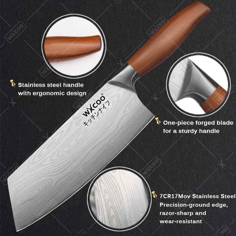WXCOO couteau de Chef en acier inoxydable, couteau de cuisine domestique Laser motif damas ciseaux à trancher couperet porte-couteau à fruits - FATAONWXCOO couteau de Chef en acier inoxydable, couteau de cuisine domestique Laser motif damas ciseaux à trancher couperet porte-couteau à fruitsSolutions MaisonFATAON