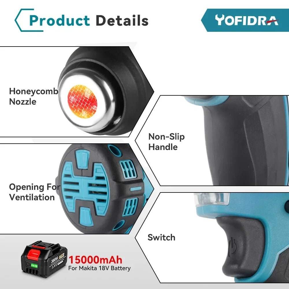 Yofidra 2000W pistolet thermique électrique pistolet à Air chaud portatif sans fil avec 3 buses sèche-cheveux industriel à domicile pour broche de batterie Makita - FATAONYofidra 2000W pistolet thermique électrique pistolet à Air chaud portatif sans fil avec 3 buses sèche-cheveux industriel à domicile pour broche de batterie MakitaOutils & PerformanceFATAON