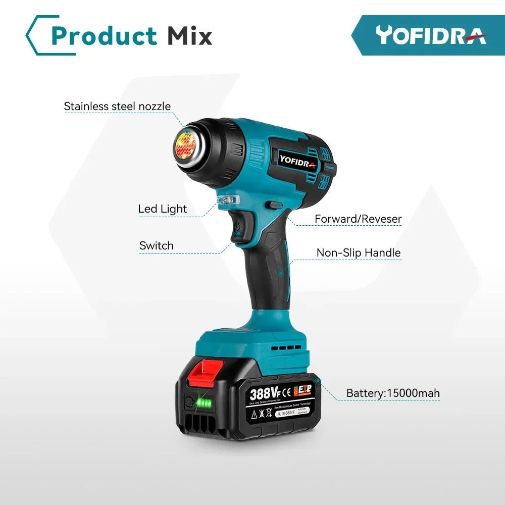 Yofidra 2000W pistolet thermique électrique pistolet à Air chaud portatif sans fil avec 3 buses sèche-cheveux industriel à domicile pour broche de batterie Makita - FATAONYofidra 2000W pistolet thermique électrique pistolet à Air chaud portatif sans fil avec 3 buses sèche-cheveux industriel à domicile pour broche de batterie MakitaOutils & PerformanceFATAON