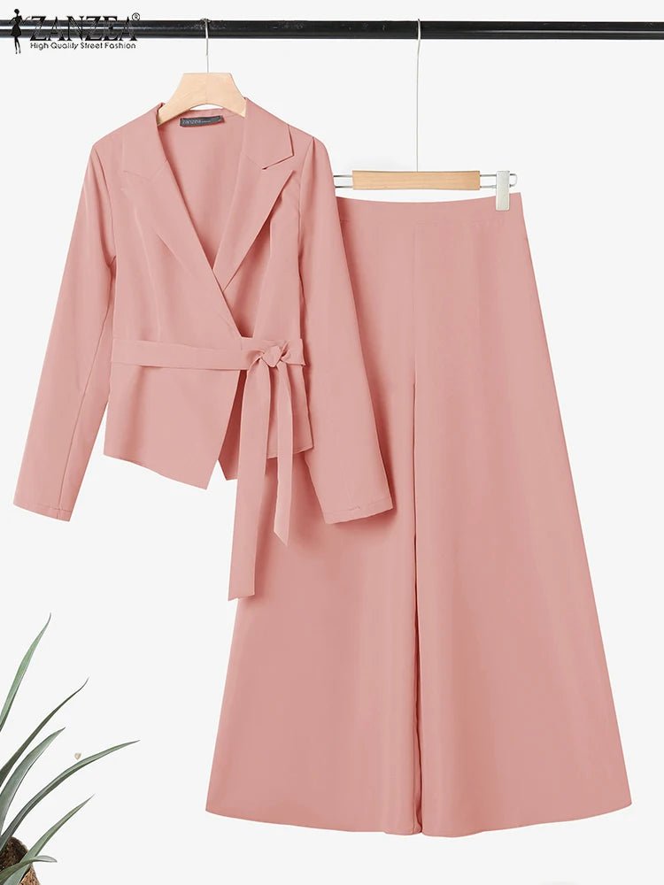 ZANZEA élégant 2 pièces pantalon ensembles à manches longues ceinturé léger Blazer et jambe large pantalon 2 pièces costumes bureau dame ensembles de déplacement - FATAONZANZEA élégant 2 pièces pantalon ensembles à manches longues ceinturé léger Blazer et jambe large pantalon 2 pièces costumes bureau dame ensembles de déplacementMode FemmeFATAON