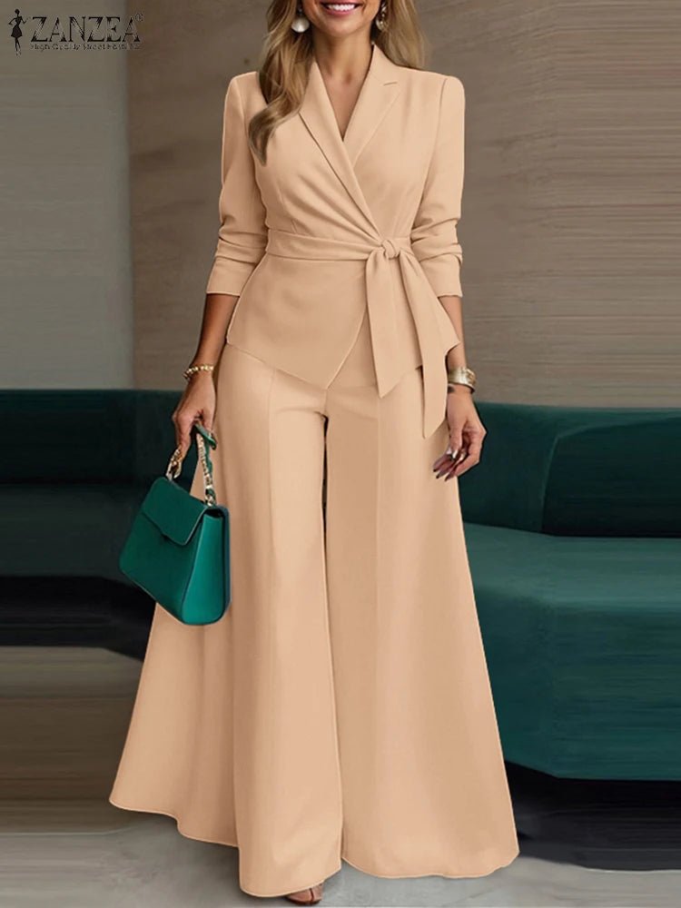 ZANZEA élégant 2 pièces pantalon ensembles à manches longues ceinturé léger Blazer et jambe large pantalon 2 pièces costumes bureau dame ensembles de déplacement - FATAONZANZEA élégant 2 pièces pantalon ensembles à manches longues ceinturé léger Blazer et jambe large pantalon 2 pièces costumes bureau dame ensembles de déplacementMode FemmeFATAON